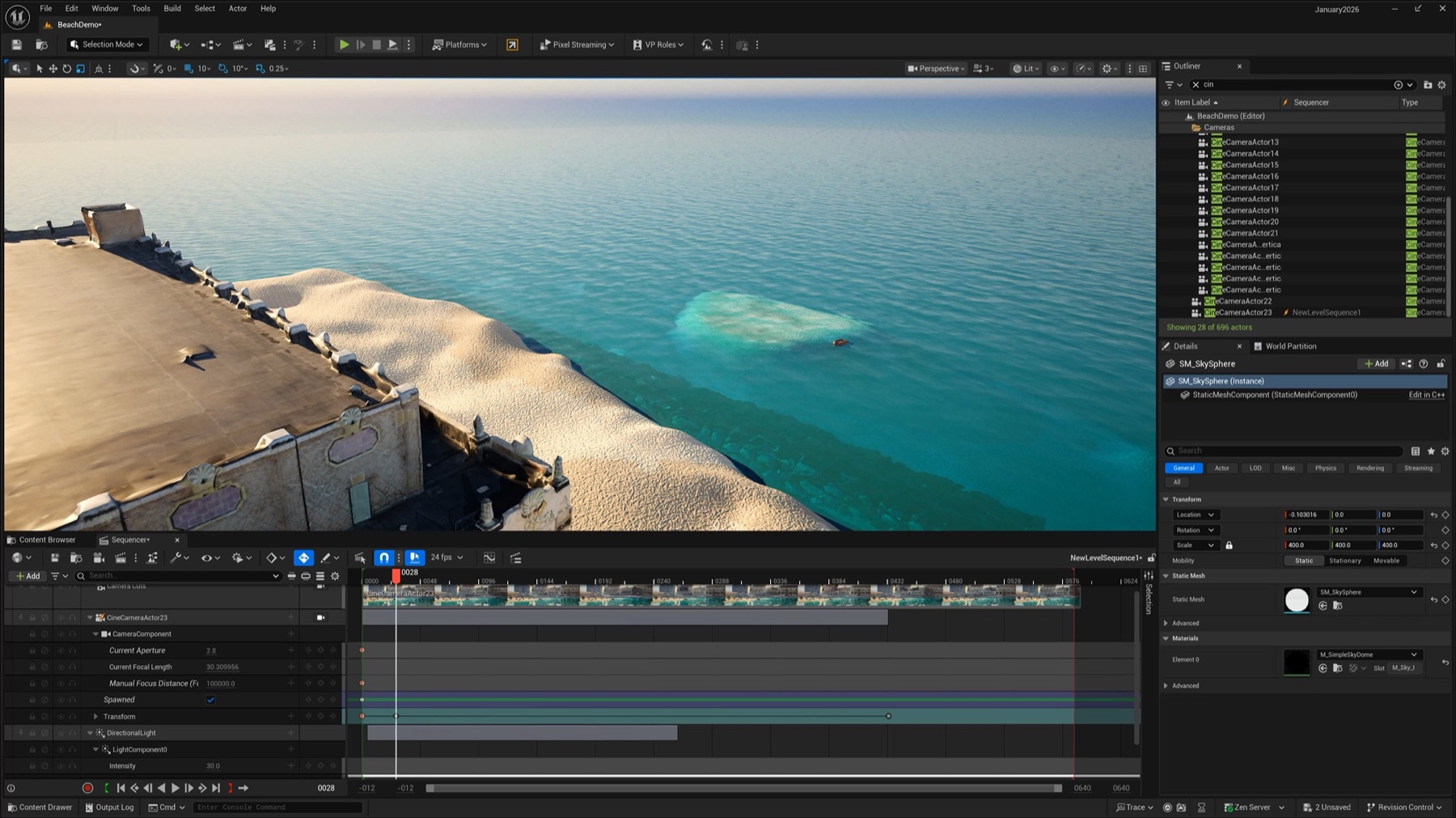 Unreal Engine Sequencer and camera setup overlooking the Asbury Park beach