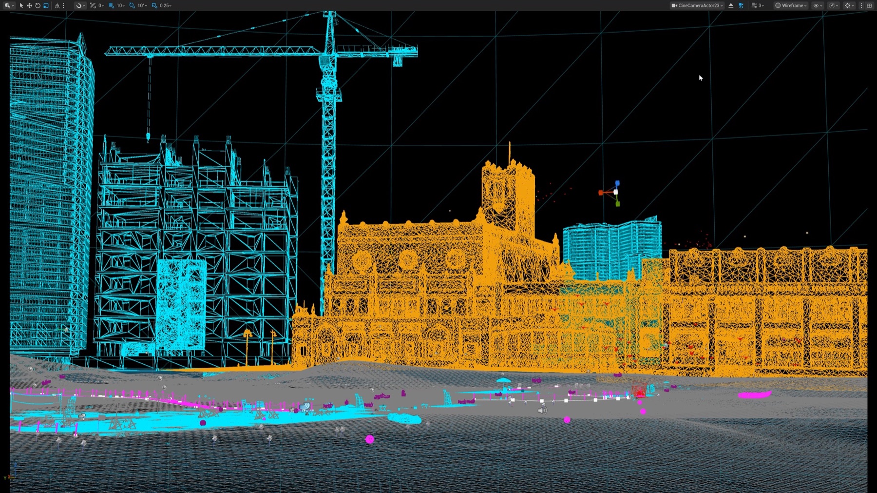 Wireframe view of the Asbury Park boardwalk reconstruction in Unreal Engine